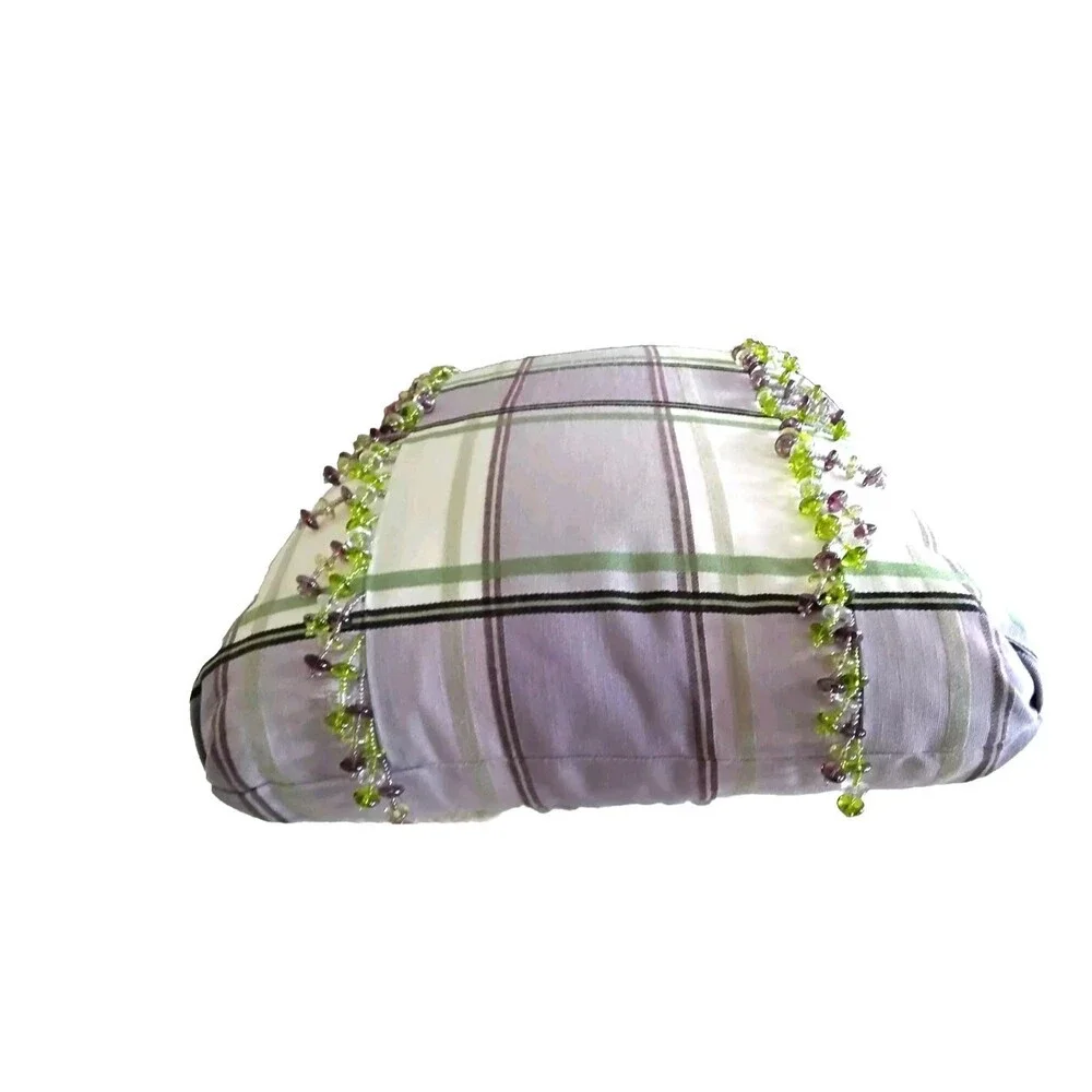 Lilac & Green Beaded Decrative Pillow with White Stripes Unique Excellent